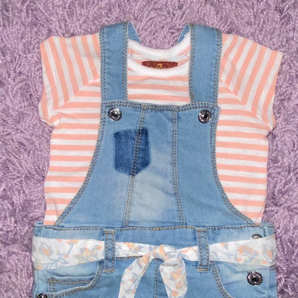 12m Seven for All Mankind Baby Girls Denim Overall Peach Stripe Shirt Outfit Set - Picture 3 of 11